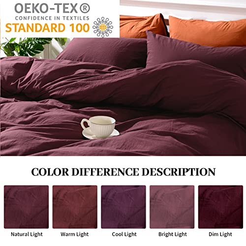 NEXHOME PRO Duvet Cover Set King Size Linen Look Textured Organic Natural 100% Washed Cotton Duvet Cover Burgundy Dark Red 3 Pieces Bedding Set with Zipper, Breathable, Soft (No Comforter) NEXHOME PRO