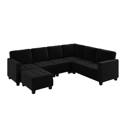 HONBAY Velvet Convertible Sectional Sofa L Shaped Couch with Storage Ottoman Corner Sectional Couch with Reversible Chaise, Black