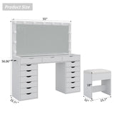 Yanosaku Vanity Desk with Mirror and Lights, Makeup Table with Charging Station, 3 Color Lighting Modes, 15 Drawers Dressing Table, Vanity with Chair for Bedroom, White Yanosaku