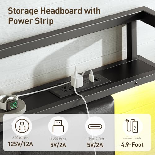 RALGEND Queen Bed Frame with Headboard, LED Upholstered Bed Frame with Charging Station, Metal Platform Bed with Under Bed Storage, No Box Spring Needed, Noise Free, Easy Assembly, Black RALGEND