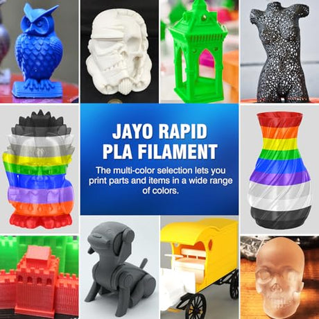 JAYO Rapid PLA 3D Printer Filament Bundle 2KG, High Speed PLA Filament 1.75mm 50mm/s - 600mm/s Print Range, 8 Pack 250g Spool Filament (Black, White, Blue, Red, Pink, Orange, Yellow, Olive Green) JAYO