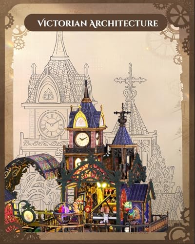 Merrifete Steampunk Train Station DIY Miniature House Kit – Victorian Fantasy Railtrack Phantom City Dollhouse Kit – Wood 3D Puzzles Tiny House Book Nook Christmas Halloween Birthday