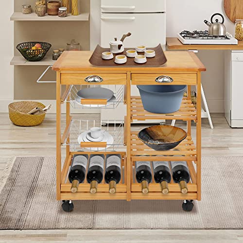 Nova Microdermabrasion Rolling Kitchen Island with Storage and Utility Wood Tabletop, Wood Mobile Kitchen Island Serving Cart on Wheels with Towel Rack for Home, Dining Room, Restaurant - WoodArtSupply