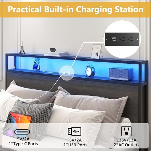 Lifezone Full Bed Frame with 2-Tier Storage Headboard, Metal Platform Bed Frame with 4 Storage Drawers, Built in Charging Station & LED, Noise-Free/Metal Support/No Box Spring Needed, Rustic Grey Lifezone