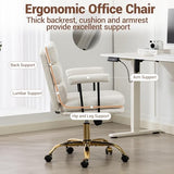WiNVO Faux Leather Home Office Desk Chair, Gold Base Makeup Vanity Chair with Wheels, Padded Seat and Armrests, Adjustable Height Swivel Executive Computer Chair, White WiNVO