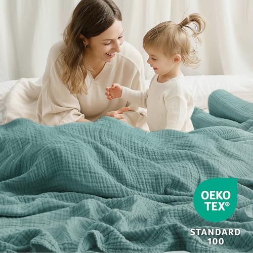 Kozyhvn 100% Cotton Muslin Blanket Twin XL 66" x 90", Breathable and Cooling Bed Blankets, Soft Boho Bedspread, Gauze Bedding for Adults All Season, Turquoise, Teal Kozyhvn