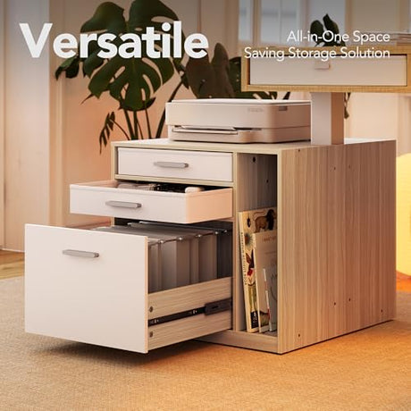 HUANUO Electric L Shaped Standing Desk with 2 Storage Drawers & File Cabinet, 63'' x 53'' Height Adjustable Corner Standing Desk, Computer Desk with Cable Management Tray, Light Walnut HUANUO