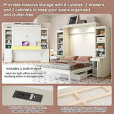 Merax Queen Size Murphy Bed with Desk and LED Lights, Power Outlet, Foldable Murphy Cabinet Bed with Open Storage Shelves & Drawers, Wood Space-Saving Hidden Wall Bed for Guest Room Office, White Merax