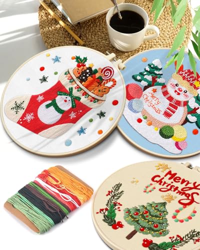 TINDTOP Christmas Embroidery Kit for Adult, 5 Pack Embroidery DIY Starter Kit, with Stamped Patterns, Hoop, Tools, Colorful Threads with Needles, Instructions TINDTOP
