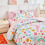 Girls Bed in a Bag Queen Size White Unicorn Comforter Set with Rainbow Flower - Soft 7 Pcs Pink Bedding Set (1 Comforter, 2 Pillow Shams, 1 Flat Sheet, 1 Fitted Sheet, 2 Pillowcases) UOZZI BEDDING