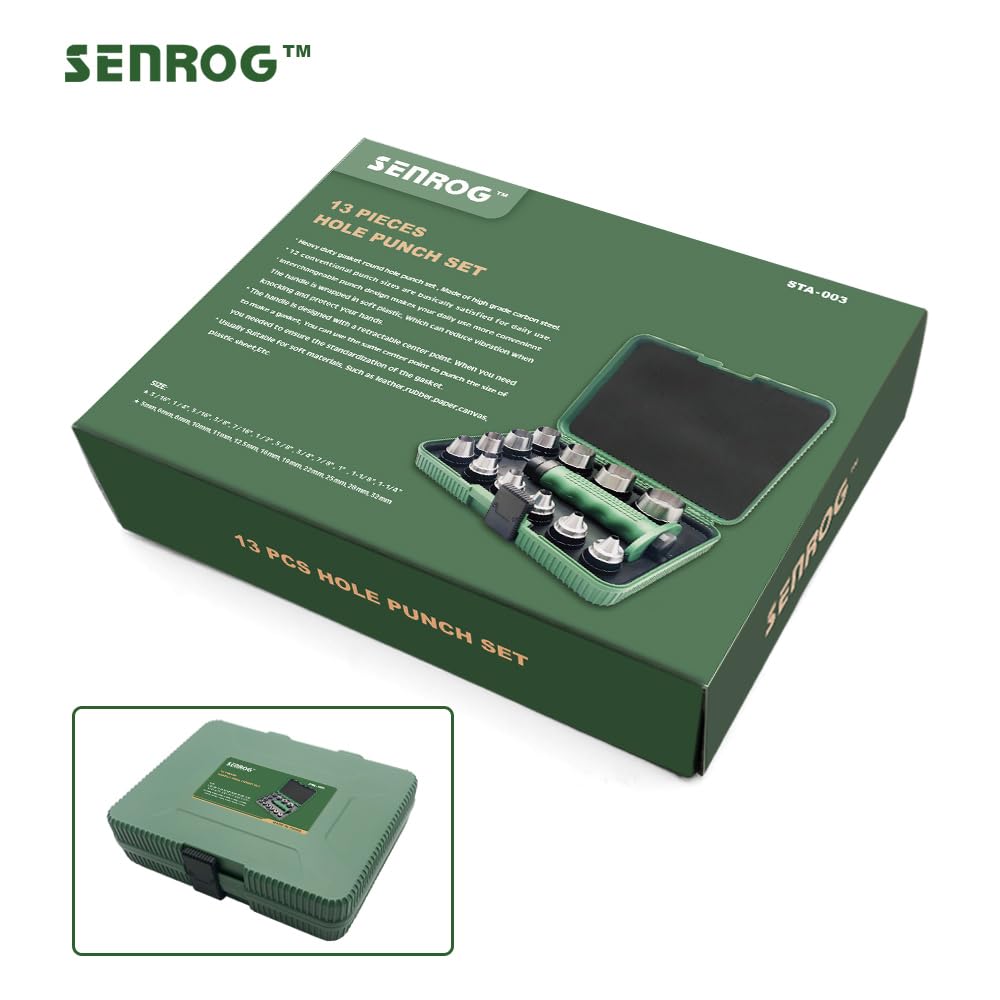 SENROG 12 in 1 Hole Punch Set, Hollow Punch Set for Leather, Gasket Hole Punch Set, Rubber Hollow Hole Punch Set, Plastic Sheet Gasket Punch Set, 3/16'' to 1-1/4'' Hole Punch Kit with Handle SENROG