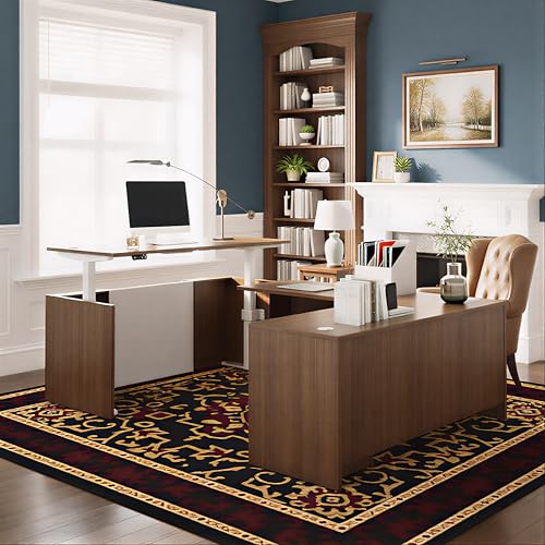 ALFA BUSINESS U-Shaped Executive Office Standing Desk with Pre-Assembled Frame & Lockable File Cabinet, Dual Motor Height Adjustable Electric Sit Stand Desk, Programmable Controller, Walnut/White ALFA BUSINESS