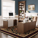 ALFA BUSINESS U-Shaped Executive Office Standing Desk with Pre-Assembled Frame & Lockable File Cabinet, Dual Motor Height Adjustable Electric Sit Stand Desk, Programmable Controller, Walnut/White ALFA BUSINESS