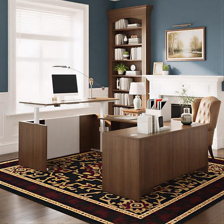 ALFA BUSINESS U-Shaped Executive Office Standing Desk with Pre-Assembled Frame & Lockable File Cabinet, Dual Motor Height Adjustable Electric Sit Stand Desk, Programmable Controller, Walnut/White ALFA BUSINESS