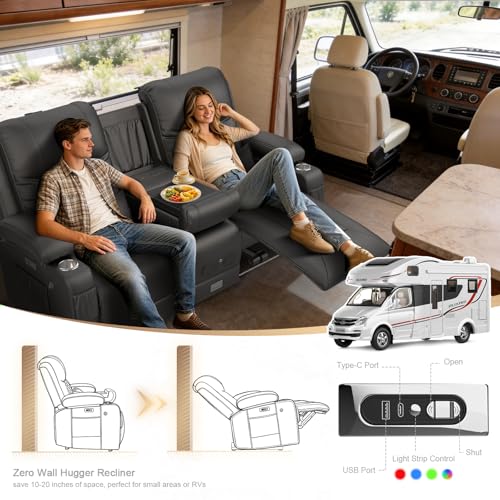 Power Loveseat Recliner Sofa, Electric Reclining Loveseat Couch with Console, Home Theater Seating with Bluetooth Speaker & LED Light, Zero Wall Hugger RV Sofa Furniture with Built-in Outlet & Storage