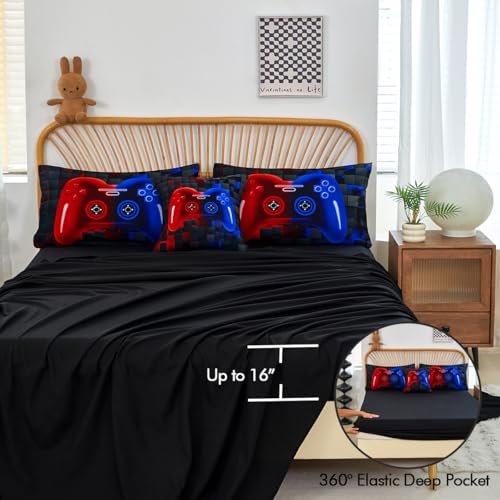 PERFEMET 6 Pieces Kids Comforter Sets Twin Size Red and Blue Game Console Bedding Set for Boys Girls Soft Fluffy 3D Cool Teen Gamer Bed in A Bag for All Seasons(Red Blue, Twin) PERFEMET