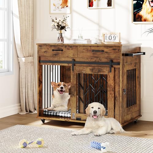 YITAHOME Dog Kennel Furniture for 2 Dogs, 39 inch Doble Dog Crate with Storage Drawers, Indoor Wooden Dog House Heavy Duty for 2 Small Medium Dogs, - WoodArtSupply