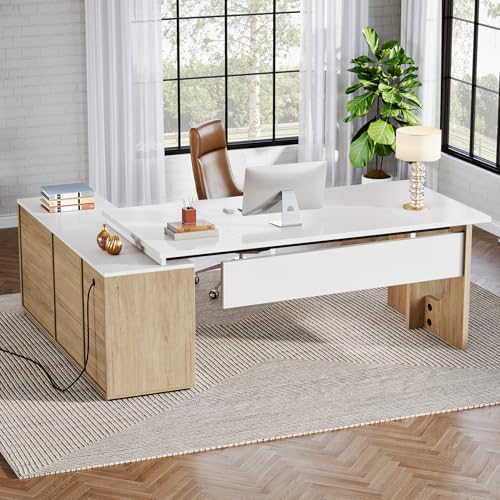 Tribesigns 74.8 Inch Executive Desk, Large Office Desk with Cabinet, L Shaped Computer Desk with Shelves and CPU Storage, Modern Home Office Desks Business Furniture Workstation Set, White and Wood Tribesigns
