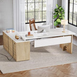 Tribesigns 74.8 Inch Executive Desk, Large Office Desk with Cabinet, L Shaped Computer Desk with Shelves and CPU Storage, Modern Home Office Desks Business Furniture Workstation Set, White and Wood Tribesigns