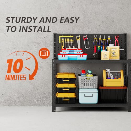 Widened Heavy Duty Workbench with Pegboard, 3000LBS Capacity Work Table with Reinforce Stable Side Beams, Metal Workstation for Garage Warehouse Workshop Office, 47.2" H x 47.2" W x 18.9" D, Black Jaqiumn
