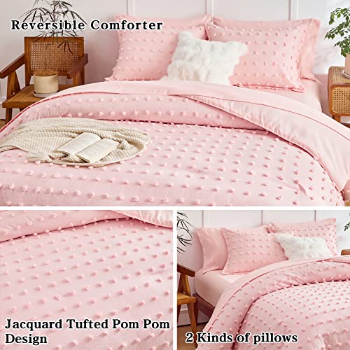 6 Pieces Tufted Dots Bed in a Bag Twin Comforter Set Girls Pink , Soft and Embroidery Shabby Chic Boho Bohemian Comforters, Luxury Solid Color with Pom Pom Design, Jacquard Tufts Bedding Set for Kids Flysheep
