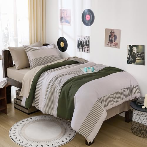 Twin Size Comforter Olive Green Striped Comforters for Boys&Girls,5 Pieces Bed in A Bag Simple Neutral-Style Bedding Sets for Kids Teen Cottolester