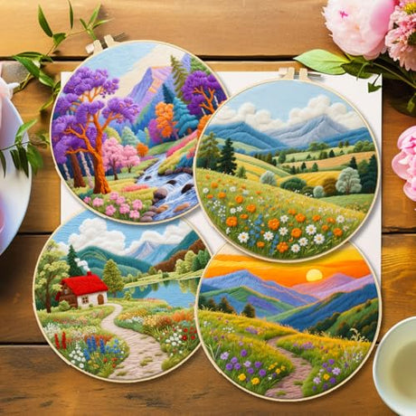 BEUNITONE 4 Pack Beginner Embroidery Kit for Adults, Fairy Tale Nature Landscape Pre-Stamped Pattern Needlepoint Kits with Hoop, Tools & Instruction, Hand Embroidery Kits for Fabric and Home Decor BEUNITONE