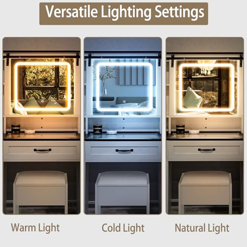Hoyiestp Vanity with Sliding Barn Mirror, Glass Top Makeup Desk with Outlet & Charging Station, 3-Color Lights, 7 Drawers & Shelves for Bedroom, Modern Adjustable Storage Dresser Table Hoyiestp