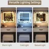 Hoyiestp Vanity with Sliding Barn Mirror, Glass Top Makeup Desk with Outlet & Charging Station, 3-Color Lights, 7 Drawers & Shelves for Bedroom, Modern Adjustable Storage Dresser Table Hoyiestp