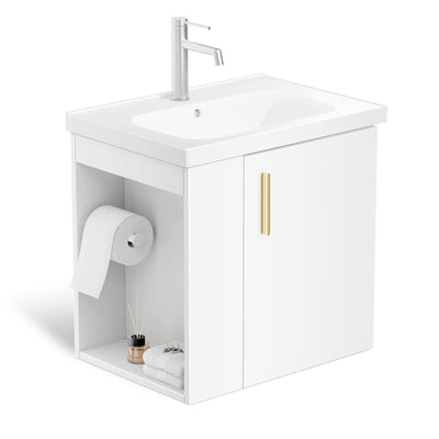 phiestina Pre-Assembled 20 Inch White Floating Small Bathroom Vanity, Wall Mounted Cabinet with Sink, Left Side Storage, Soft-Close Door, Modern Space-Saving Design, No Faucet, BV04-20-WHITE-PLUS