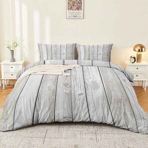 Single 61" x 79" Bedding Duvet Cover Set - Grey Minimalist Modern Wood Grain Printed 3 Piece Brushed Microfiber Comforter Quilt Cover with Zipper Closure for Men and Women Generic
