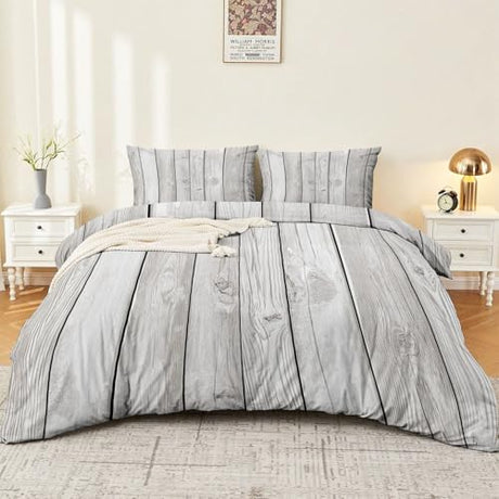 Single 61" x 79" Bedding Duvet Cover Set - Grey Minimalist Modern Wood Grain Printed 3 Piece Brushed Microfiber Comforter Quilt Cover with Zipper Closure for Men and Women Generic
