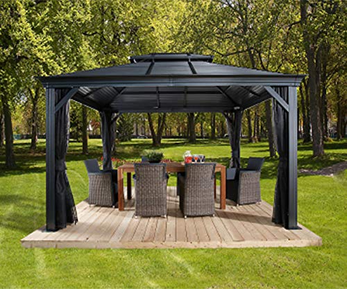 Sojag 10' x 12' Mykonos Double Roof Hardtop Gazebo Outdoor Weather-Resistant Aluminum Frame Sun Shelter Dark Grey Sojag