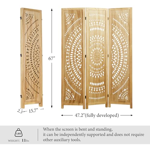 Svimi Room Divider Wood Carved Wall Divider Indoor Folding Bohemian Style Portable Partition Screen for Home Office Garden Terrace - 3 Panels (Natural) Svimi