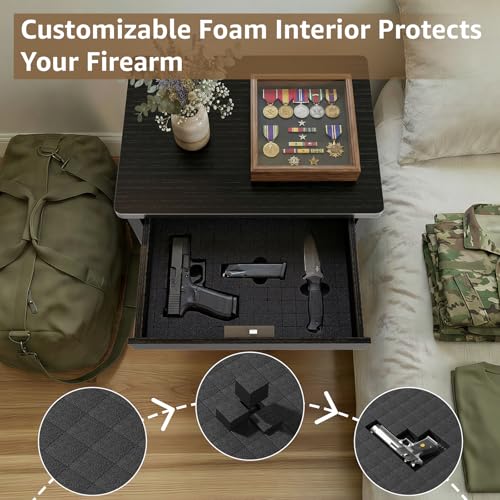 Black Nightstand with Gun Drawer for Bedroom Modern 3 Drawer Night Stand Gun Safe for Handgun Bed Side Table with Storage Hidden Compartment Locking Drawer IGERI