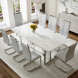 MEMUY 79" Modern Dining Table Set for 8,White Dining Room Table Set with Silver Chrome Pedestal,79" Glossy Kitchen Room Table Set for 8-10 Person,Dining Room Table with 8 Chairs,Faux Marble MEMUY