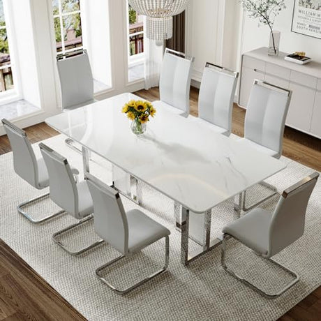 MEMUY 79" Modern Dining Table Set for 8,White Dining Room Table Set with Silver Chrome Pedestal,79" Glossy Kitchen Room Table Set for 8-10 Person,Dining Room Table with 8 Chairs,Faux Marble MEMUY