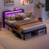 Maliacife Full Size Bed Frame with Headboard,LED Light and Charging Station with Wood Shelves,Metal Platform Bed with Heavy Duty Slats Support,No Box Spring Needed,Easy Assembly,Noise Free,Black Maliacife