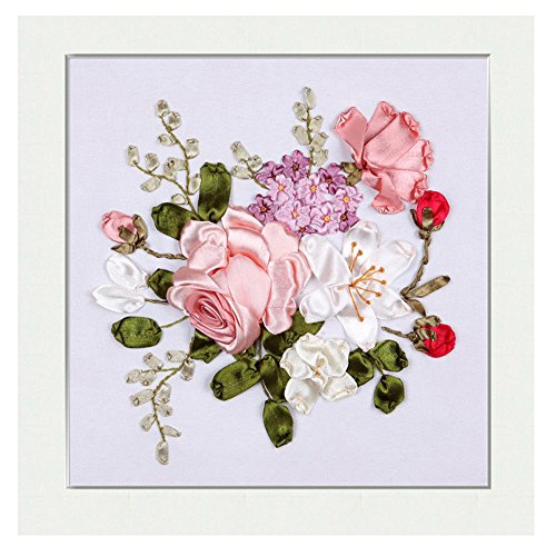 Egoshop Ribbon Embroidery Spring Flower Blooming Kit 3D Painting DIY Wall Decor Stamp Needle Work with Hoop (No Frame) X5002A