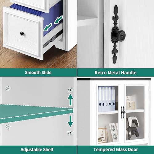 YITAHOME L Shaped Executive Desk with Hutch and Drawers, Farmhouse Home Office Desk with Power Outlet, Wood Corner Computer Desk with Sliding Door, Storage Cabinet with Glass Door, White & Black YITAHOME