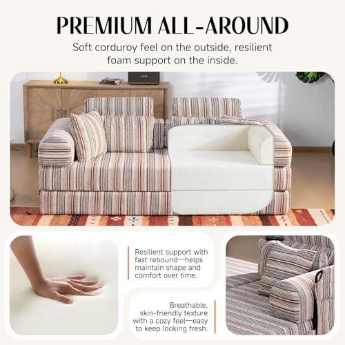 KSTNLUXQ 79" Corduroy Sofa Bed Sleeper Couch, 6-in-1 Convertible Boneless Floor Futon Loveseat, High-Density Foam Couch in a Box with 2 Headrest Pillows, No Assembly, Red and White KSTNLUXQ