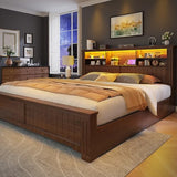 EnHomee King Size Bed Frame with 4 Storage Drawers, King Bed Frame and Headboard with LED Lights & Charging Ports,No Box Spring Needed,NO Noise,Wooden,Brown EnHomee