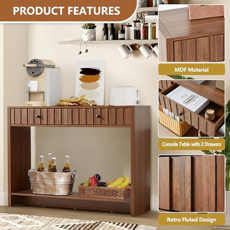 RUSTYER Console Table with Drawers, Narrow Mid-Century Fluted Entryway Table Sofa Table with Storage Shelf, Wood Entry Table Accent Behind Couch Table for Entrance, Hallway, Living Room (Walnut) RUSTYER