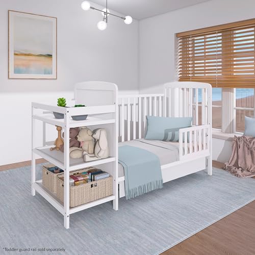 Dream On Me Anna 3-in-1 Convertible Full-Size Baby Crib & Changer with Storage in White, GreenGuard Gold & JPMA, Pinewood, Converts to Day & Toddler Bed, 3 Mattress Heights, 1″ Changing Pad