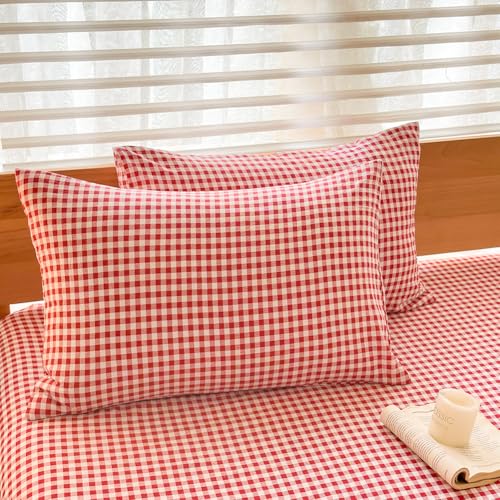 NSNLGSGC Red Gingham Duvet Cover Set King, Grid Simple Geometric Square Pattern Comforter Cover,Soft Plaid Washed Microfiber Bedding Cover(3PCS,King) NSNLGSGC