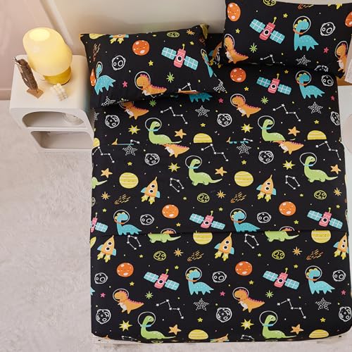 Yibeizi Dinosaur Space Twin Sheets Set for Boys, Kids Cute Planet Printed Microfiber Bedsheets Deep Pocket Bed Sheet & Pillowcase Sets 3 Pieces Yibeizi