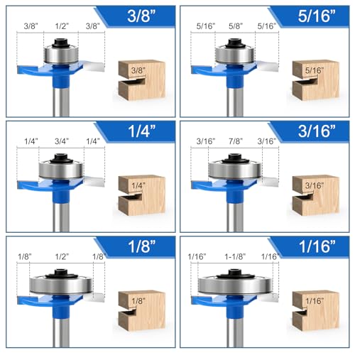 4PCS 1/4 Inch Shank Rabbet Router Bits with 6 Bearings Set (1/16", 1/8", 3/16", 1/4", 5/16", 3/8" Bearings) for Wood Grooving, Interchangeable Bearings with 1/2" to 1/4" Router Collet Xishuihe