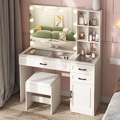 Fameill White Vanity Desk with Mirror and Lights,Glass Top Vanity Table with 3 Drawers and Cabinets,Large HD Mirror Makeup Desk,3 Lighting Modes, Brightness Adjustable,45 in(L) Fameill