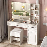 Fameill White Vanity Desk with Mirror and Lights,Glass Top Vanity Table with 3 Drawers and Cabinets,Large HD Mirror Makeup Desk,3 Lighting Modes, Brightness Adjustable,45 in(L) Fameill