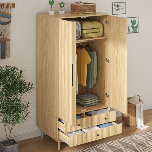 Mxtxmy Armoire Wardrobe Closet with 2 Fluted Doors,64.96" Wooden Clothes Storage Cabinet with Hanging Rod and Shelf Storage,Wardrobe Cabinet with 3 Drawers,Freestanding Closet for Bedroom,Nat - WoodArtSupply